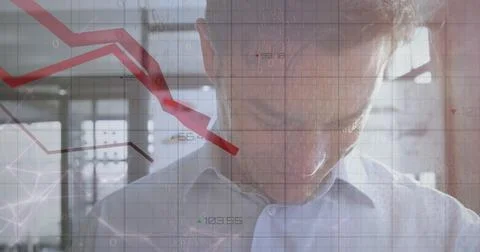 Image of statistical data processing against caucasian man using smartwatch at Stock Photos