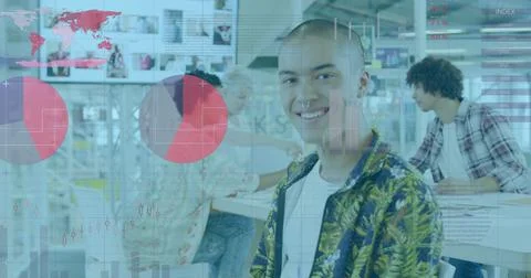 Image of statistical data processing against portrait of biracial man smiling at Stock Photos