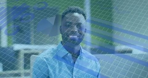Image of statistical data processing against portrait of african american man Stock Photos