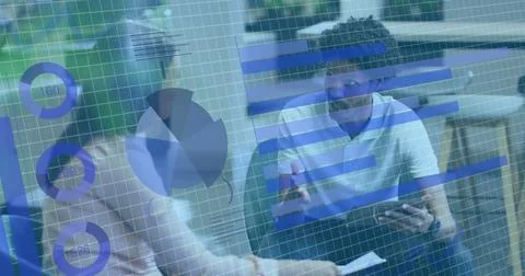 Image of statistical data processing against diverse man and woman discussing at Foto stock