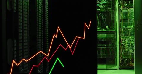 Image of statistical data processing against computer server room Stock Photos