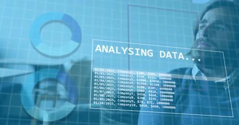 Image of statistical data processing against thoughtful caucasian man at office Foto stock