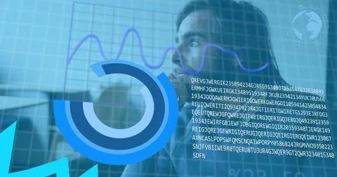 Image of statistical data processing against thoughtful caucasian man at office Stock Photos