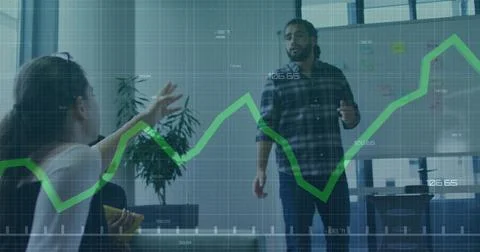 Image of statistical data processing against biracial man giving a presentation 写真素材