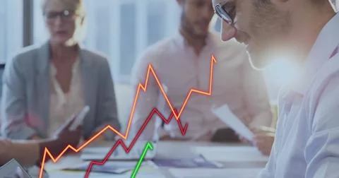 Image of statistical data processing against caucasian man smiling while using Stock Photos
