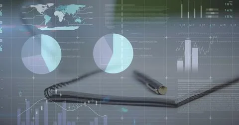Image of statistical data processing against close up view of a pen and diary on Stock Photos