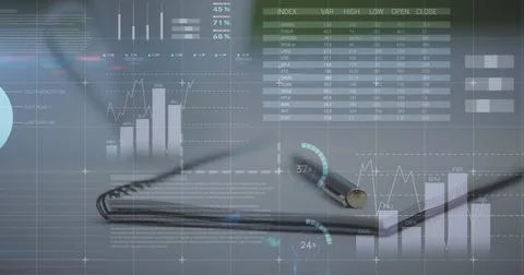 Image of statistical data processing against close up view of a pen and diary on Stock Photos