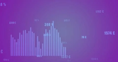 Image of statistical data processing against purple gradient background Stock Photos