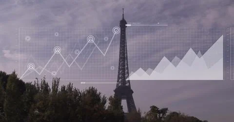 Image of statistical data processing against view of eiffel tower Stockfoto's