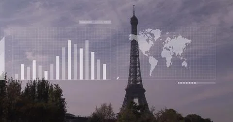 Image of statistical data processing against view of eiffel tower Stockfoto's