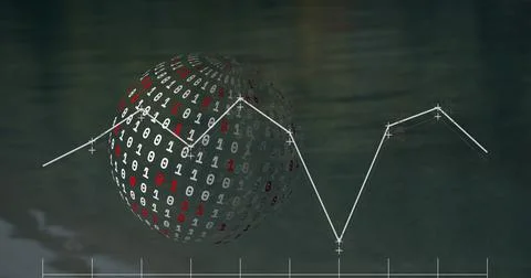 Image of statistical data processing against binary coding over a globe against Stock Photos