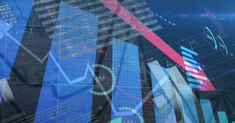 Image of statistical data processing against blue background Stock Photos