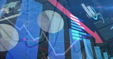 Image of statistical data processing against blue background Foto stock