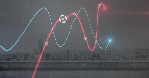 Image of statistical data processing against aerial view of cityscape Foto stock