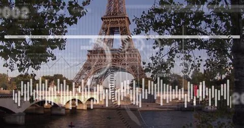 Image of statistical data processing against view of eiffel tower Stock Photos