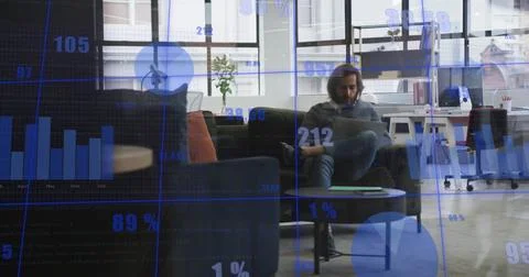 Image of statistical data processing against caucasian man using laptop at .. 写真素材