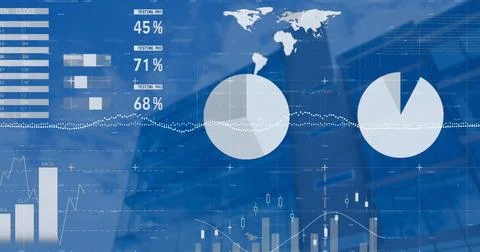 Image of statistical data processing against low angle view of tall building Stock-Fotos