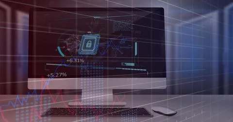 Image of statistical data processing against security padlock icon on compu.. 写真素材