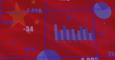Image of statistical data processing against waving china flag background Stock Photos