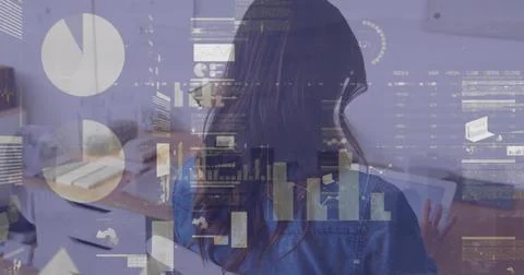 Image of statistical data processing against rear view of a woman using digital Stockfoto's