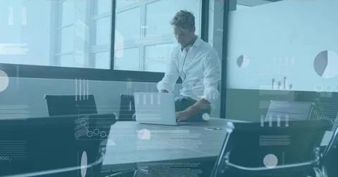 Image of statistical data processing against thoughtful caucasian man using 스톡 사진
