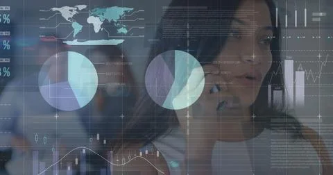 Image of statistical data processing against biracial woman talking on Foto stock