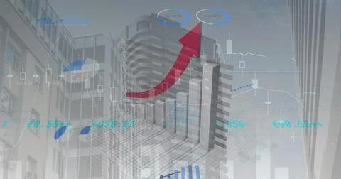 Image of statistical data processing against tall buildings in background Stock Photos