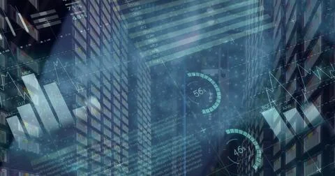 Image of statistical data processing against tall buildings in background Stockfoto's