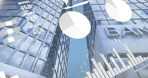 Image of statistical data processing against tall buildings Stockfoto's