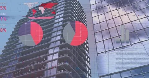 Image of statistical data processing against tall buildings Stockfoto's