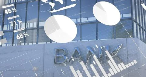Image of statistical data processing against tall bank building Stockfoto's