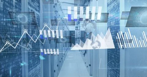 Image of statistical data processing against empty computer server room Foto stock