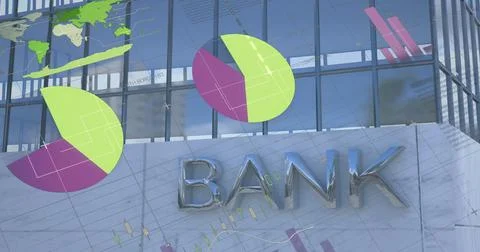 Image of statistical data processing against tall bank building Stockfoto's