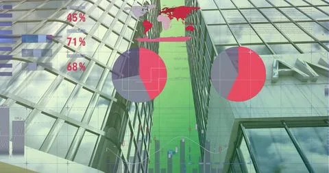 Image of statistical data processing against tall buildings Stockfoto's