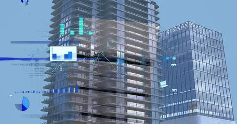 Image of statistical data processing against tall buildings Stockfoto's