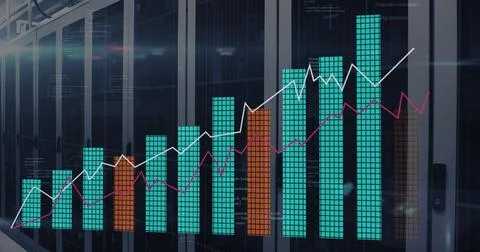 Image of statistical data processing and light spots against computer server Illustrazione stock