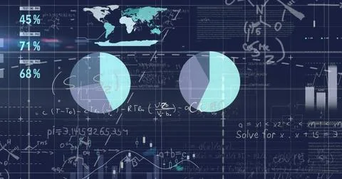 Image of statistical data processing and mathematical equations against blue Stock Illustration