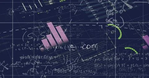 Image of statistical data processing and mathematical equations against blue Illustrazione stock