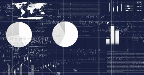 Image of statistical data processing and mathematical equations against blue Stock Illustration