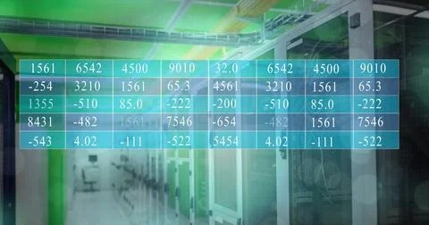 Image of statistical data processing and white spots against computer serve.. Stock Photos