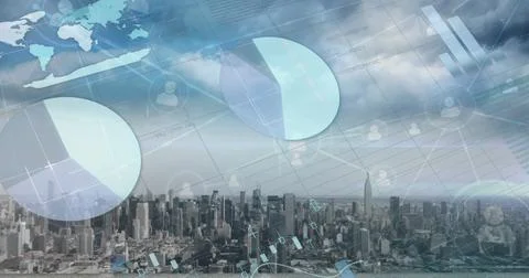 Image of statistical data processing and network of profile icons over aerial Foto stock