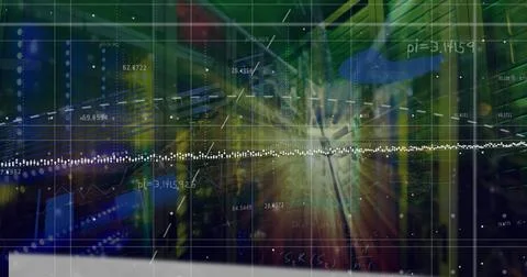 Image of statistical data processing and light spot against computer server room Stock Photos