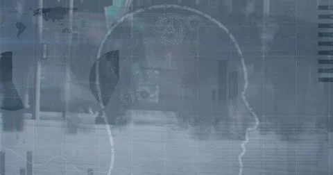 Image of statistical data processing and human head over time-lapse of peop.. Stock Photos