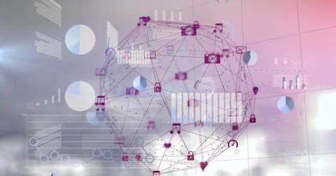 Image of statistical data processing and globe of digital icons against pink Stock Photos