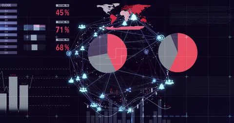 Image of statistical data processing and globe of digital icons against black Stock Photos