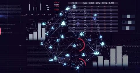 Image of statistical data processing and globe of digital icons against black Stock Photos