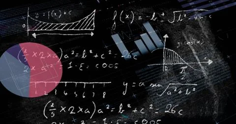 Image of statistical data processing and mathematical equations against black Stock Photos