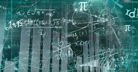 Image of statistical data processing and mathematical equations against green Stock Photos