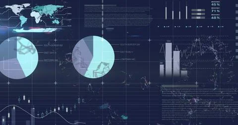 Image of statistical data processing and digital wave against blue background Stock Photos