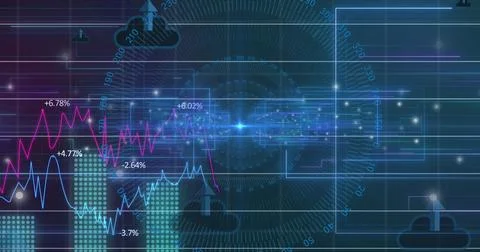 Image of statistical data processing and multiple cloud upload icons against 스톡 사진
